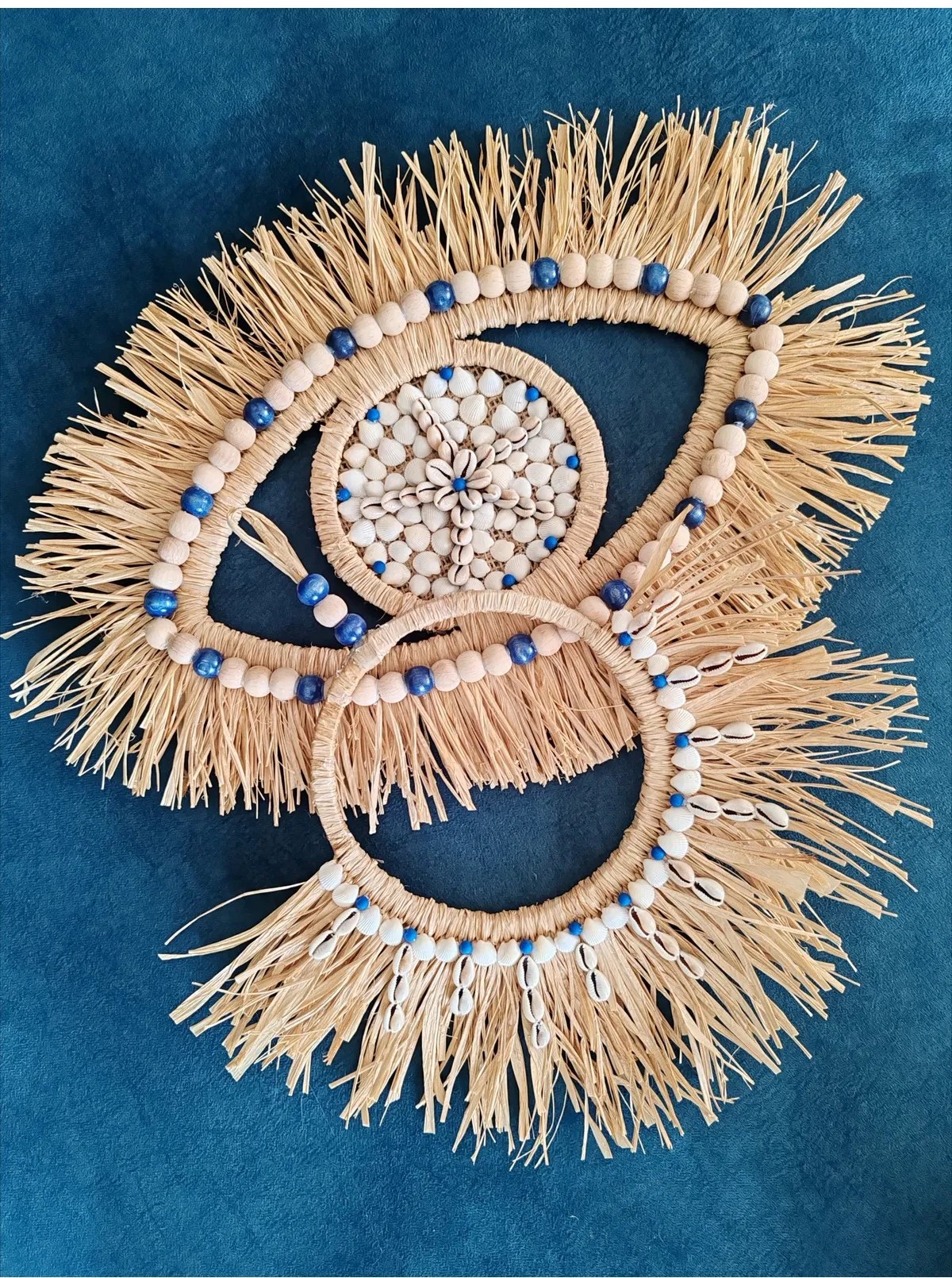 Butik El Yapımı Rafya Tasarım Mavi Ahşap Boncuklu, Deniz Kabuklu Göz ve Yelpaze Dekor Bohem Süs-İkili Set