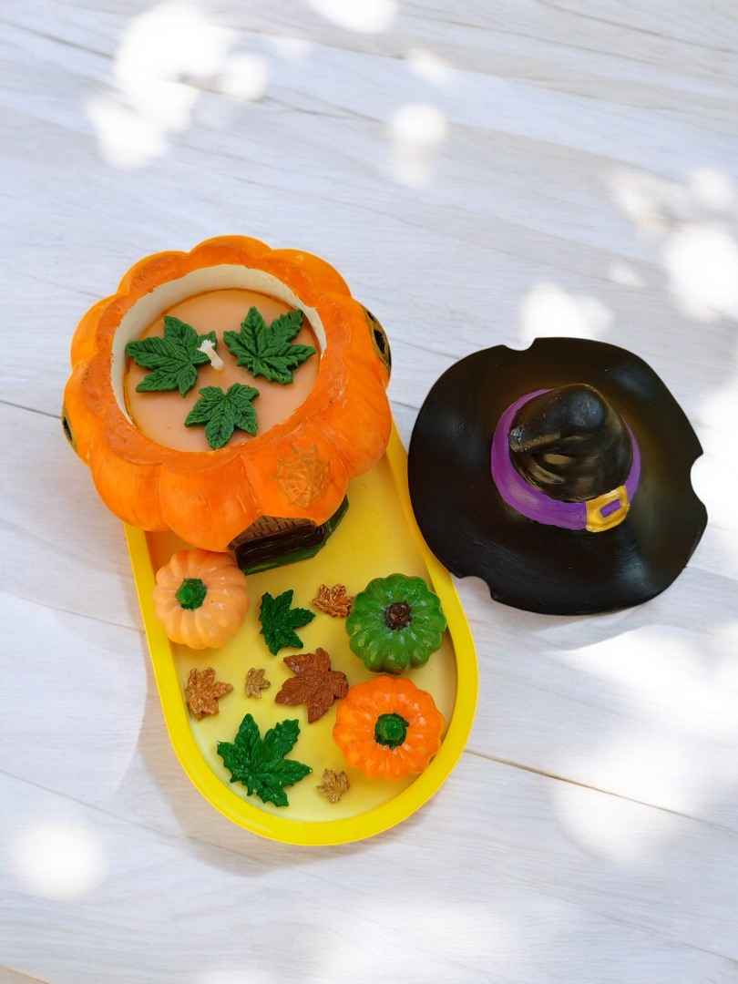 'Balkabaklı Rüya' Set 1 (Sunumluklu Cadı Balkabağı Evi Mum &  Minik Balkabağı Obje Set)