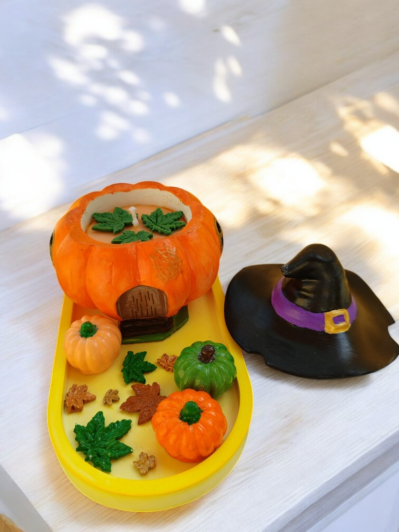 Balkabaklı Rüya Set 1 (Sunumluklu Cadı Balkabağı Evi Mum &  Minik Balkabağı Obje Set)