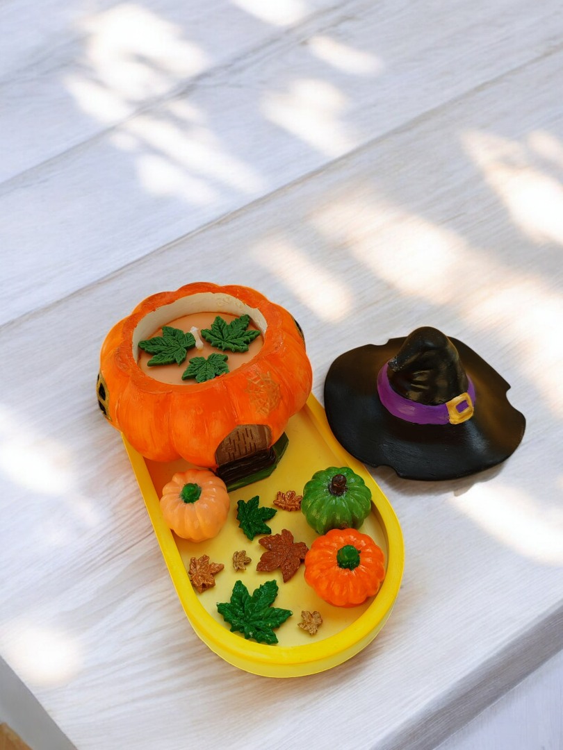 'Balkabaklı Rüya' Set 1 (Sunumluklu Cadı Balkabağı Evi Mum &  Minik Balkabağı Obje Set)
