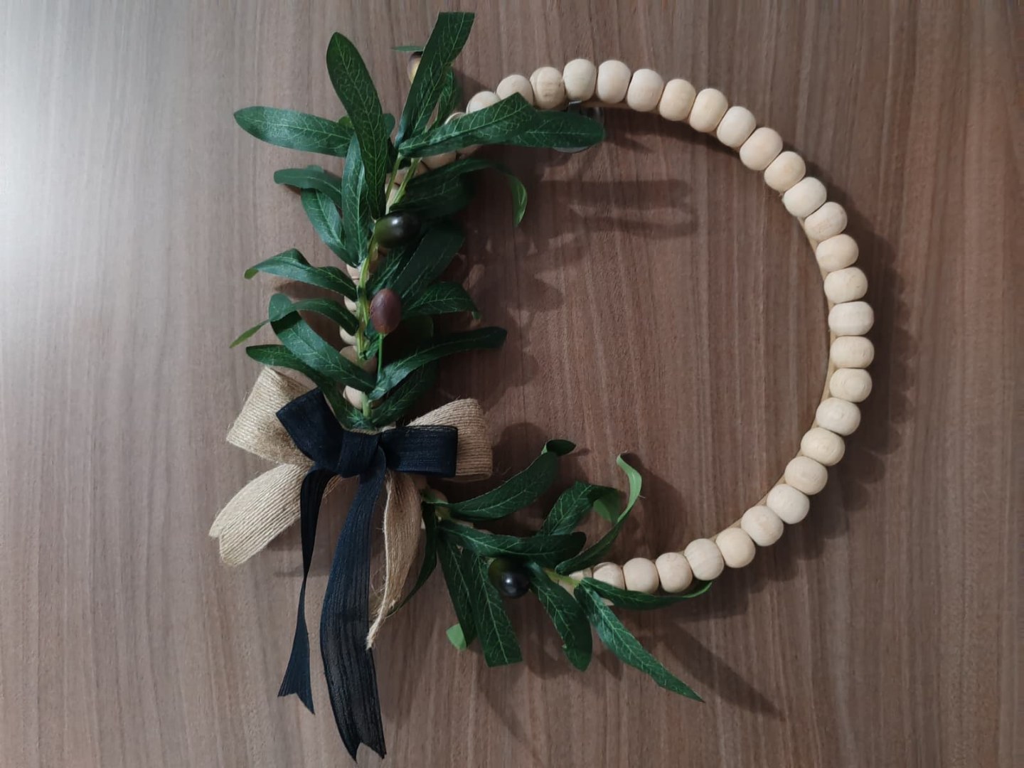 Doğal Ahşap Boncuklu 'Zeytin Dalı' Bohem Özel Tasarım Kapı ve Duvar Dekorasyon Süsü 3