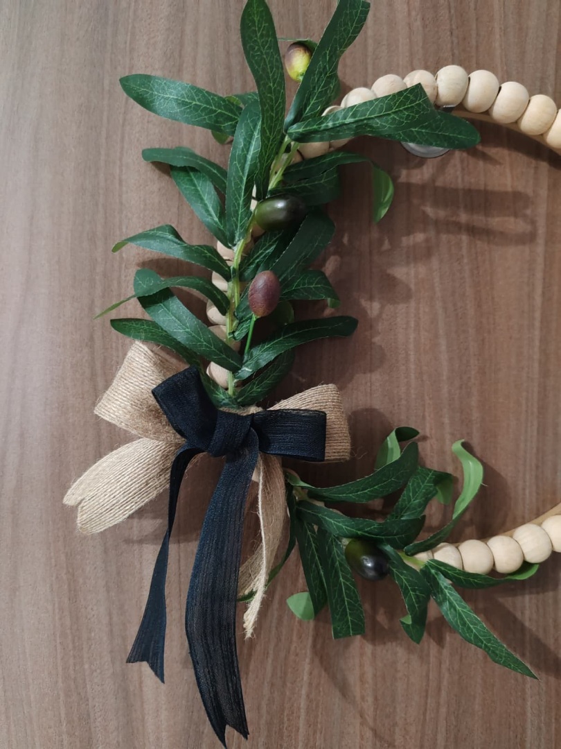 Doğal Ahşap Boncuklu 'Zeytin Dalı' Bohem Özel Tasarım Kapı ve Duvar Dekorasyon Süsü 3