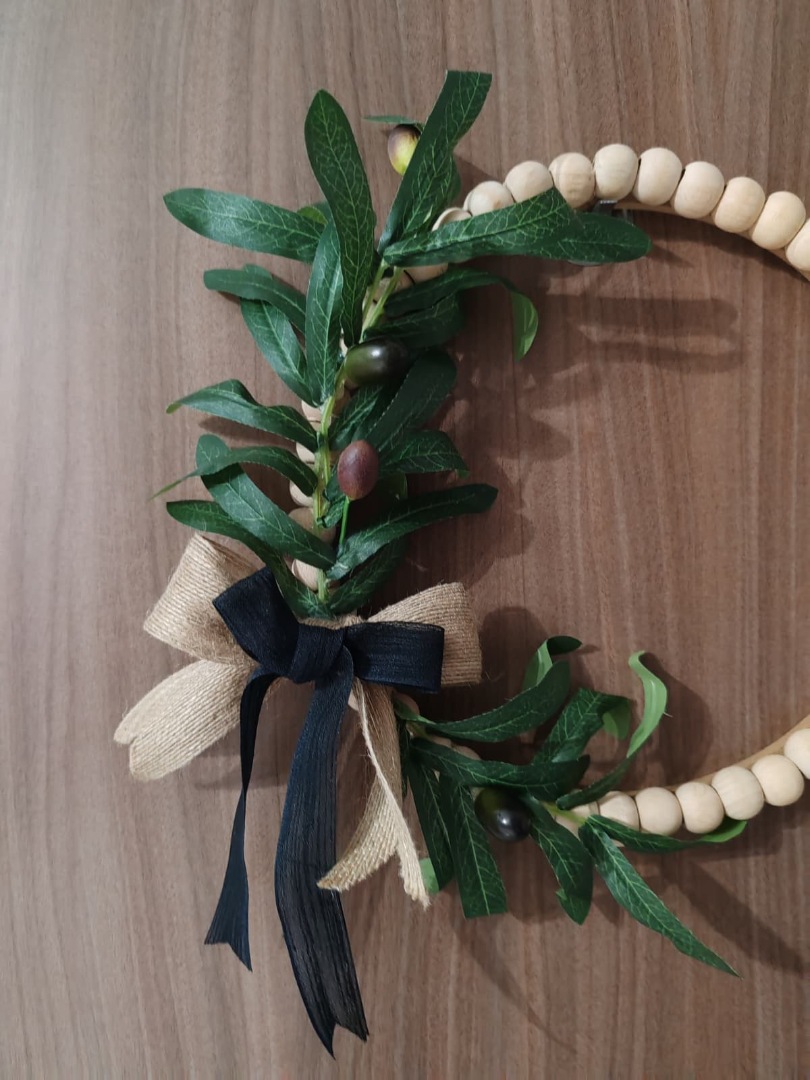 Doğal Ahşap Boncuklu 'Zeytin Dalı' Bohem Özel Tasarım Kapı ve Duvar Dekorasyon Süsü 3