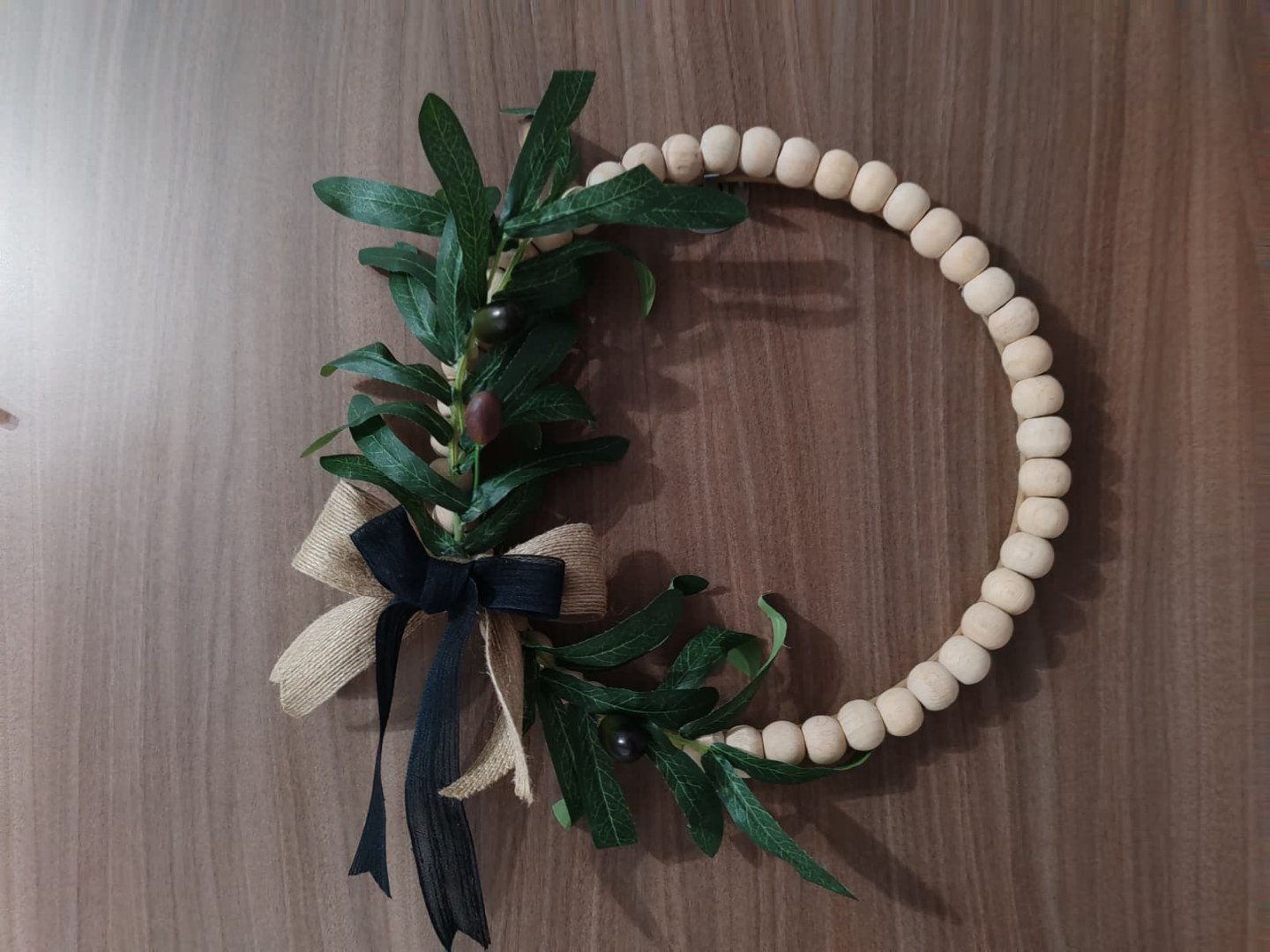 Doğal Ahşap Boncuklu 'Zeytin Dalı' Bohem Özel Tasarım Kapı ve Duvar Dekorasyon Süsü 3