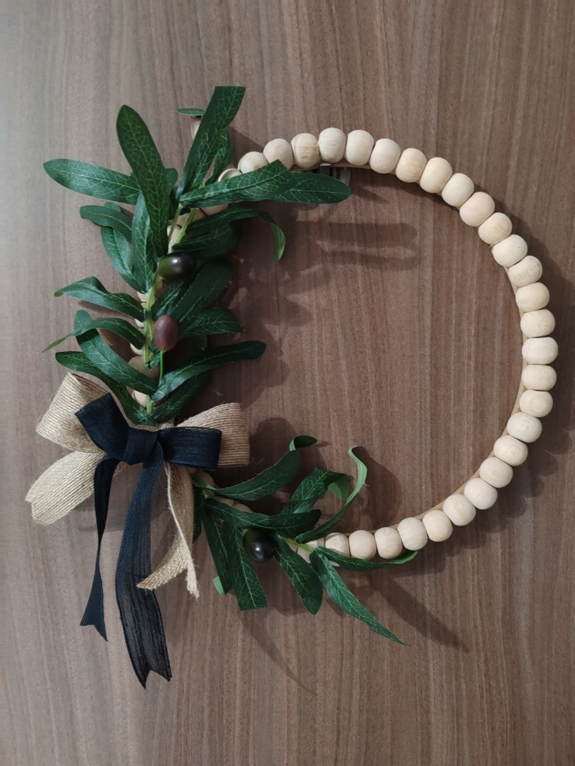 Doğal Ahşap Boncuklu 'Zeytin Dalı' Bohem Özel Tasarım Kapı ve Duvar Dekorasyon Süsü 3