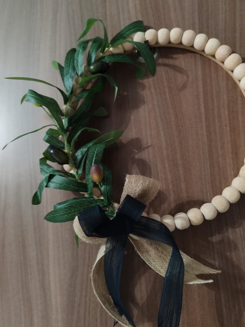 Doğal Ahşap Boncuklu 'Zeytin Dalı' Bohem Özel Tasarım Kapı ve Duvar Dekorasyon Süsü 2