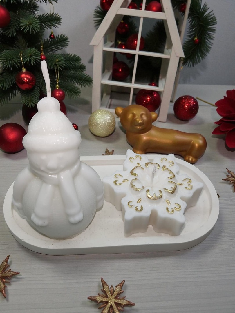 Sunumluklu İkili Yeni Yıl Dekoratif Kokulu Mum Seti (Kardan Adam-Kar Tanesi)