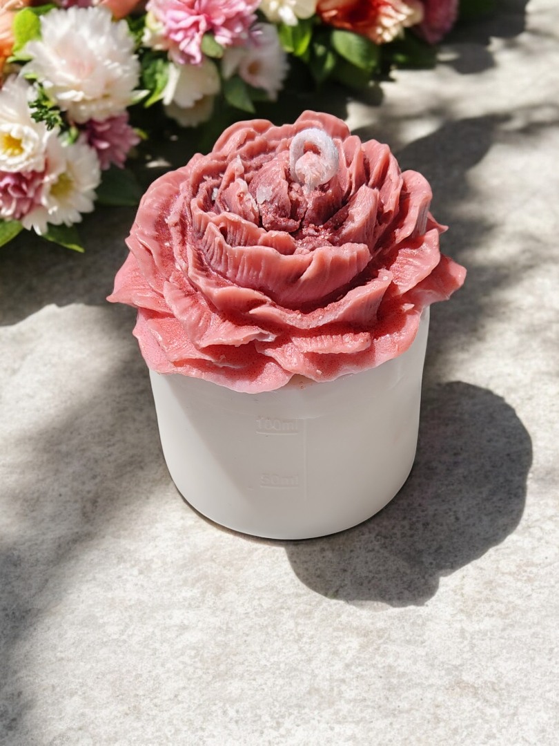 'Bloom Candles'  Serisi 1 - Dekoratif Gül Kurusu Şakayık Çiçekli Blok Mum