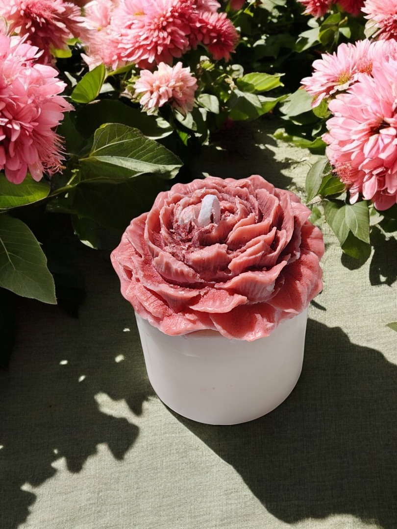 'Bloom Candles'  Serisi 1 - Dekoratif Gül Kurusu Şakayık Çiçekli Blok Mum