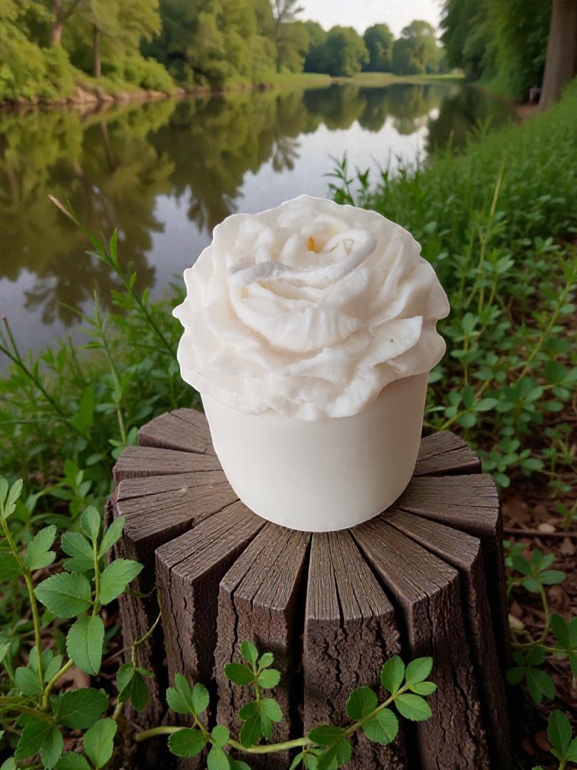 'Bloom Candles' Serisi 3- Dekoratif Beyaz Şakayık Çiçekli Blok Mum