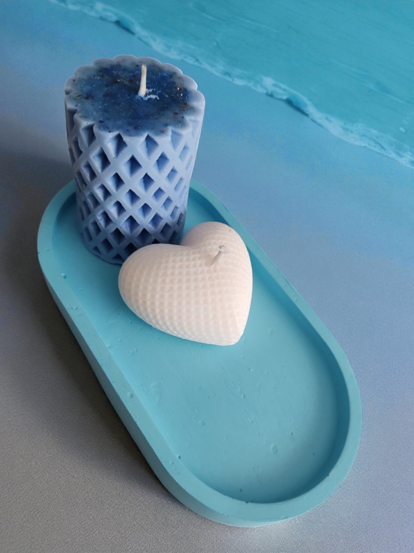 'Denizin Kalbi' Tasarım Set - (Sunumluklu Kalp Mum & Silindir Mum & Deniz Temalı Obje Set)