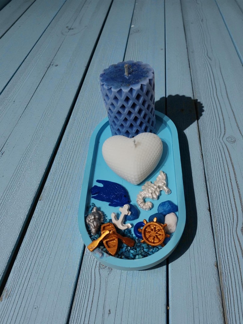 'Denizin Kalbi' Tasarım Set - (Sunumluklu Kalp Mum & Silindir Mum & Deniz Temalı Obje Set)