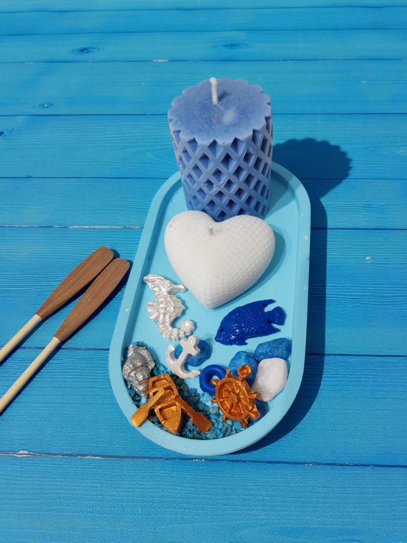 'Denizin Kalbi' Tasarım Set - (Sunumluklu Kalp Mum & Silindir Mum & Deniz Temalı Obje Set)