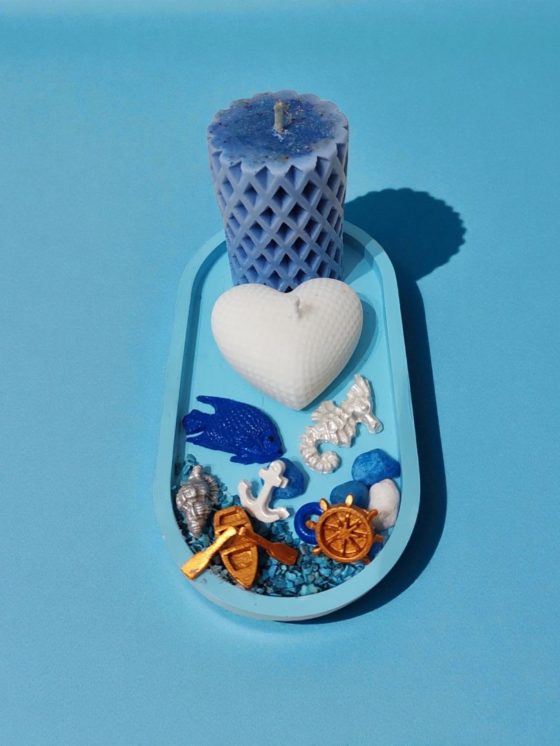 'Denizin Kalbi' Tasarım Set - (Sunumluklu Kalp Mum & Silindir Mum & Deniz Temalı Obje Set)