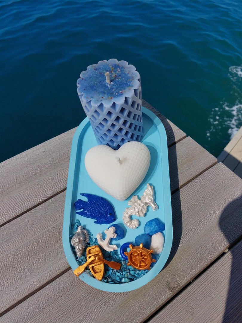 'Denizin Kalbi' Tasarım Set - (Sunumluklu Kalp Mum & Silindir Mum & Deniz Temalı Obje Set)