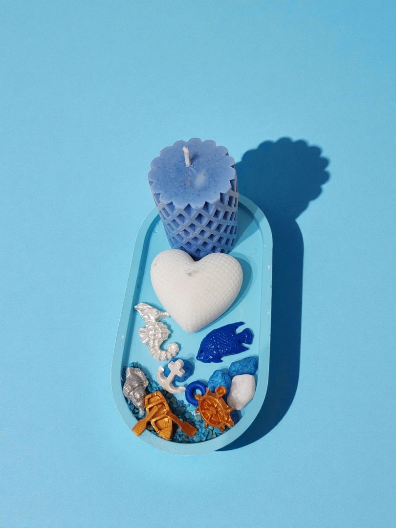 'Denizin Kalbi' Tasarım Set - (Sunumluklu Kalp Mum & Silindir Mum & Deniz Temalı Obje Set)