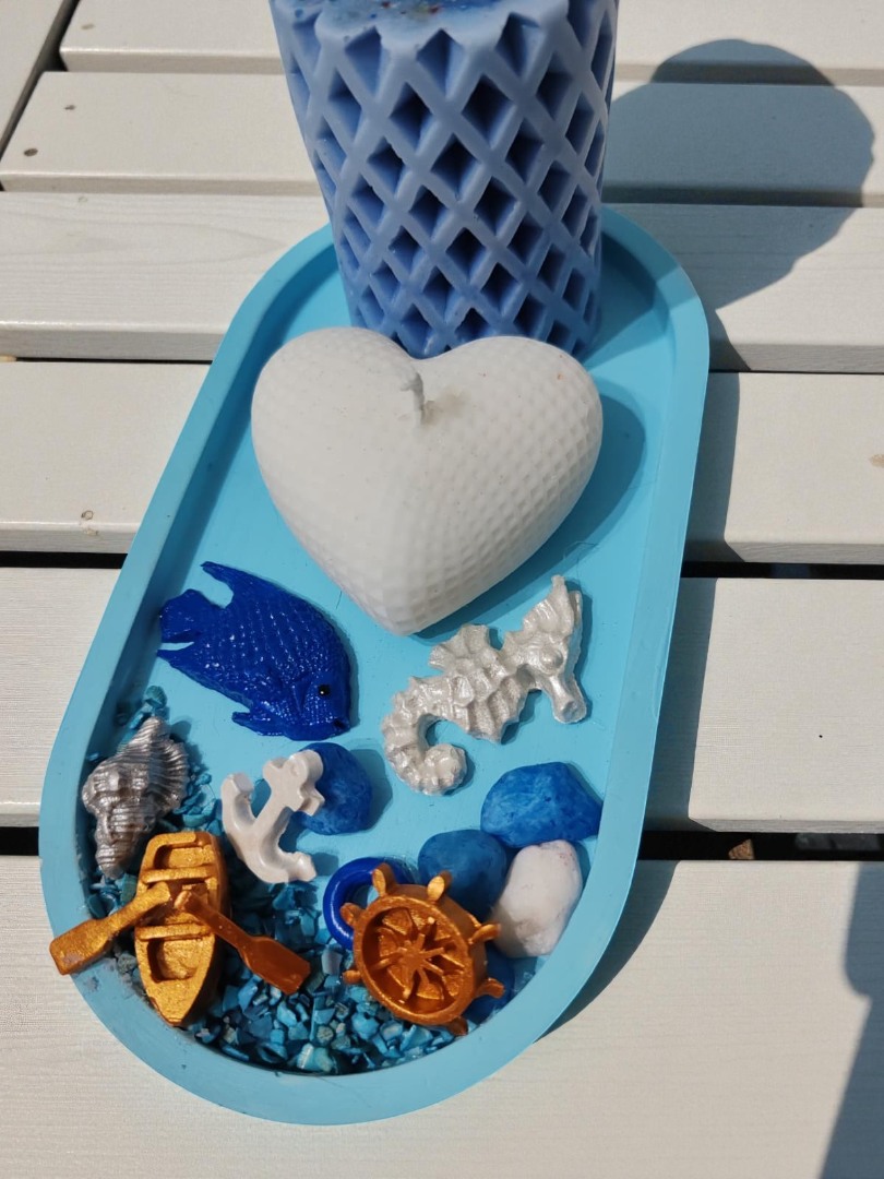 'Denizin Kalbi' Tasarım Set - (Sunumluklu Kalp Mum & Silindir Mum & Deniz Temalı Obje Set)