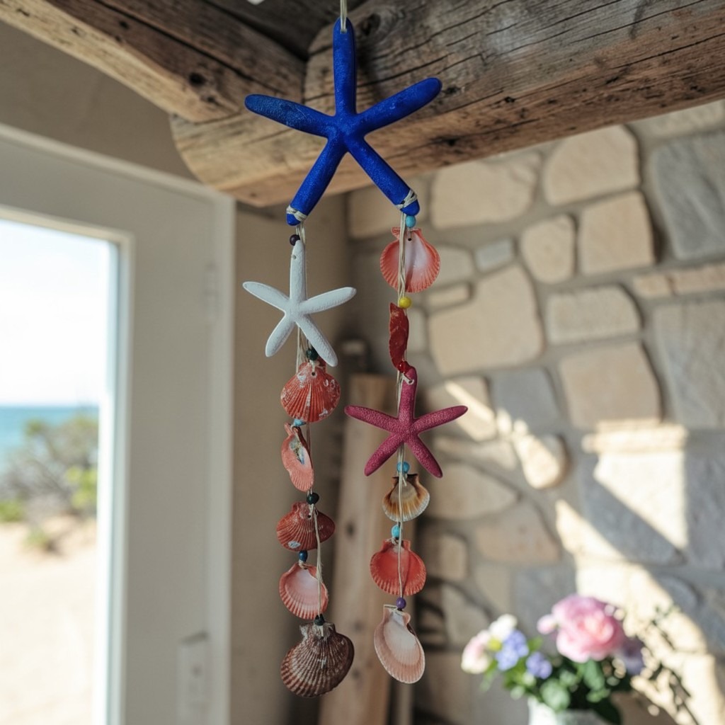 Üçlü Deniz Kabuklu  ve Deniz Yıldızlı Dekoratif Rüzgar Çanı 1